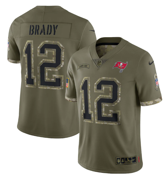 Men's Tampa Bay Buccaneers #12 Tom Brady Olive 2022 Salute To Service Limited Stitched Jersey